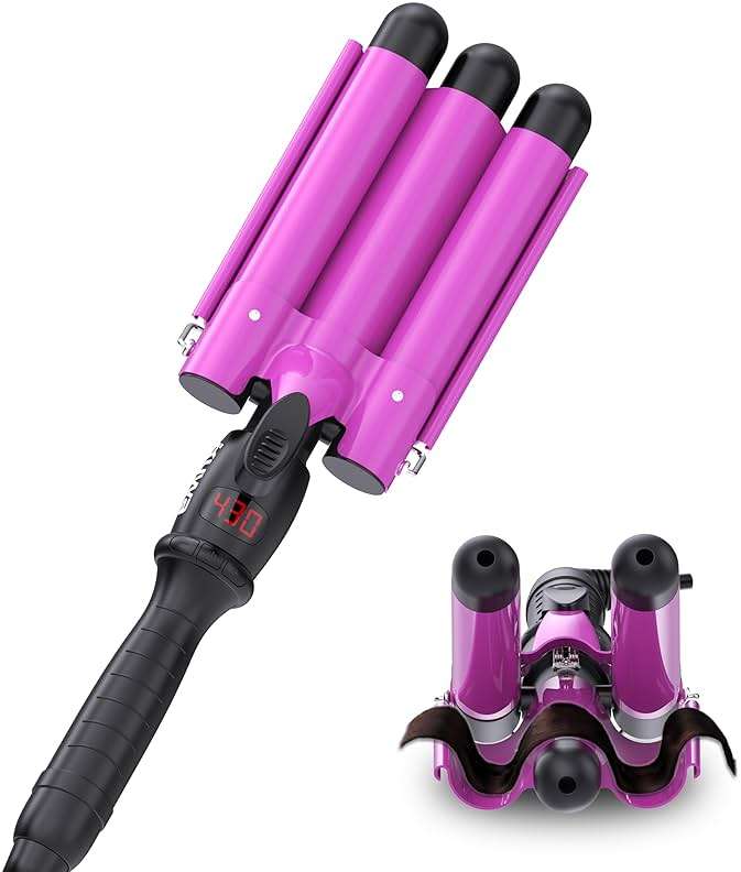 kuwa Crimper Hair Tool,15 Variable Temperature Waver Curling Iron,Three Barrel Curling Iron,Waver Hair Tool,Haircrimper for Women,HairWaver with LCD Temperature Display - Image 1