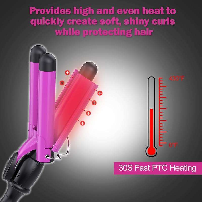 kuwa Crimper Hair Tool,15 Variable Temperature Waver Curling Iron,Three Barrel Curling Iron,Waver Hair Tool,Haircrimper for Women,HairWaver with LCD Temperature Display - Image 3