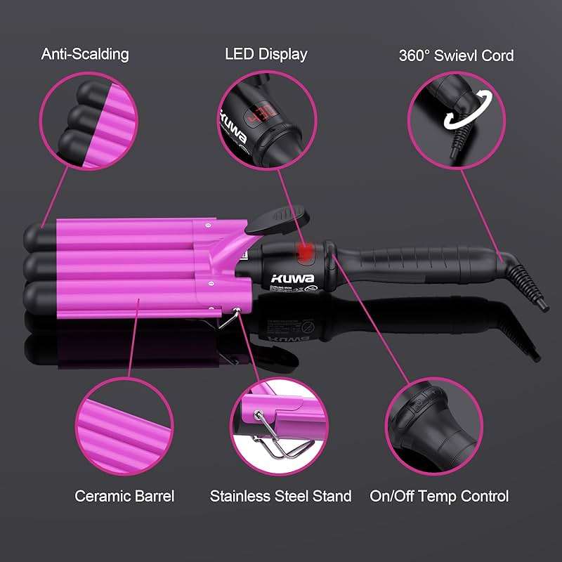 kuwa Crimper Hair Tool,15 Variable Temperature Waver Curling Iron,Three Barrel Curling Iron,Waver Hair Tool,Haircrimper for Women,HairWaver with LCD Temperature Display - Image 7