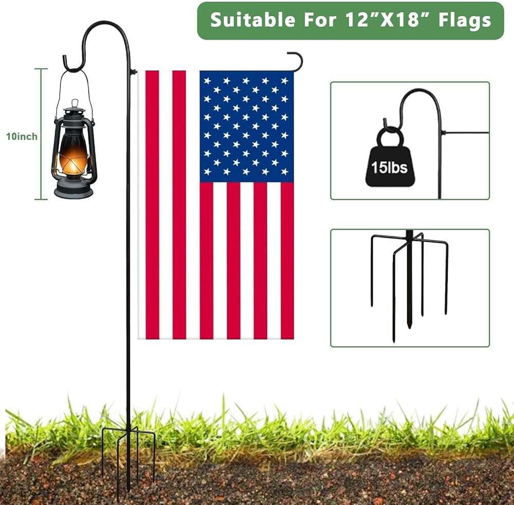 ESTTOP Heavy-Duty Garden Flag Stand with Shepherd's Hook Holder – Sturdy Metal Frame for 12x18 Inch Flags & String Lights, Weather-Resistant Outdoor Lawn, Patio, Yard Decorations - Image 4
