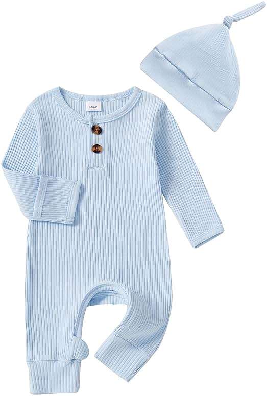 Infant Boys Girls Clothes Set Newborn Baby Romper Hat Ribbed Knit Long Sleeve Button Solid Bodysuit Jumpsuit - Image 1