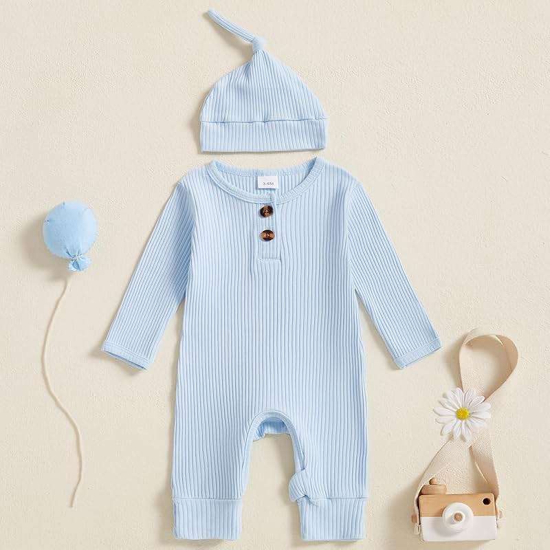 Infant Boys Girls Clothes Set Newborn Baby Romper Hat Ribbed Knit Long Sleeve Button Solid Bodysuit Jumpsuit - Image 2