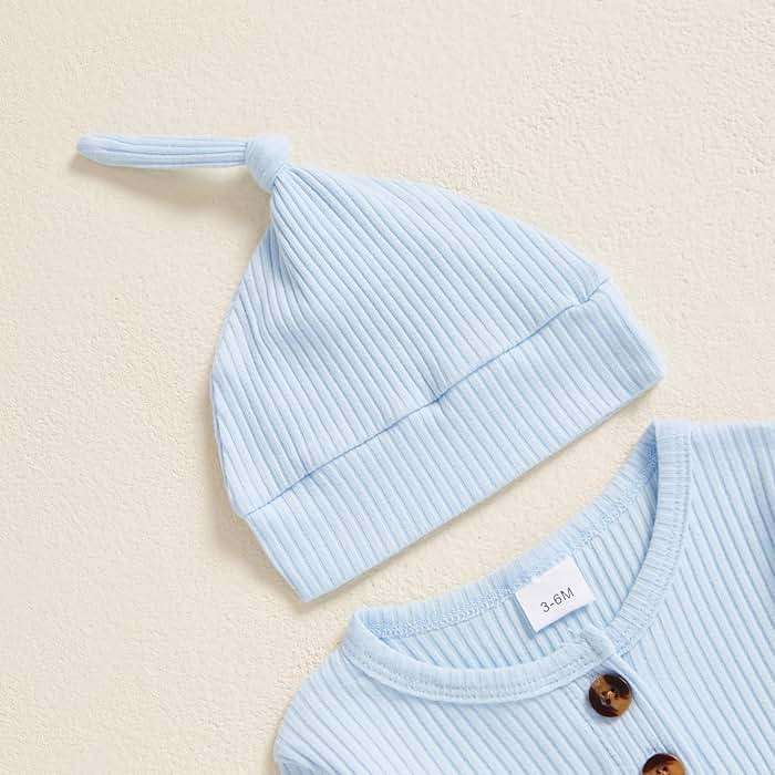 Infant Boys Girls Clothes Set Newborn Baby Romper Hat Ribbed Knit Long Sleeve Button Solid Bodysuit Jumpsuit - Image 3