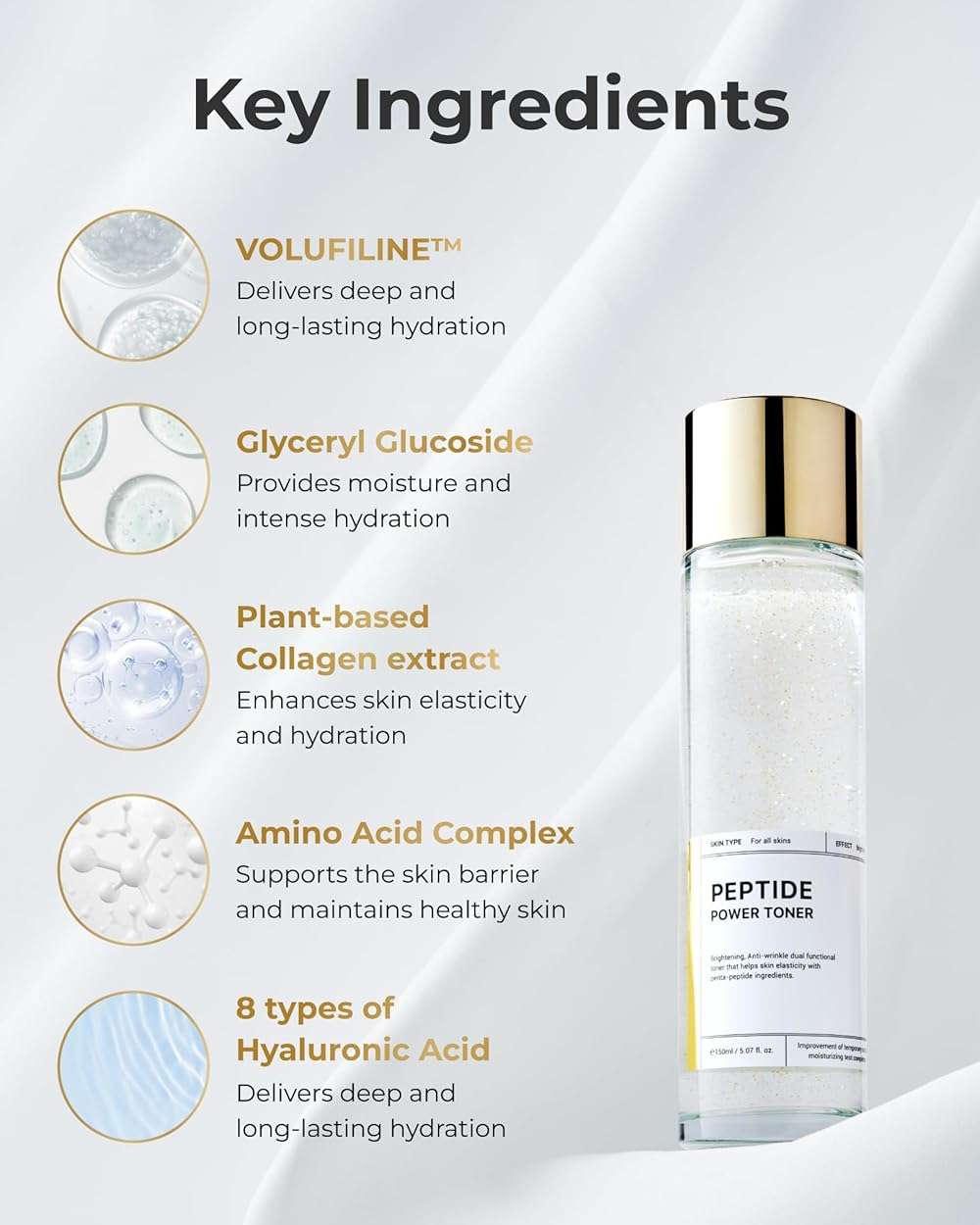 BOM Cosmetics Peptide Power Toner 5.07 Fl Oz, Hydrating Serum-Like Toner with Penta-Peptides and 99% Pure Gold for Skin Collagen Boost, Smoothness, and Long-Lasting Moisture, Korean Skincare - Image 4