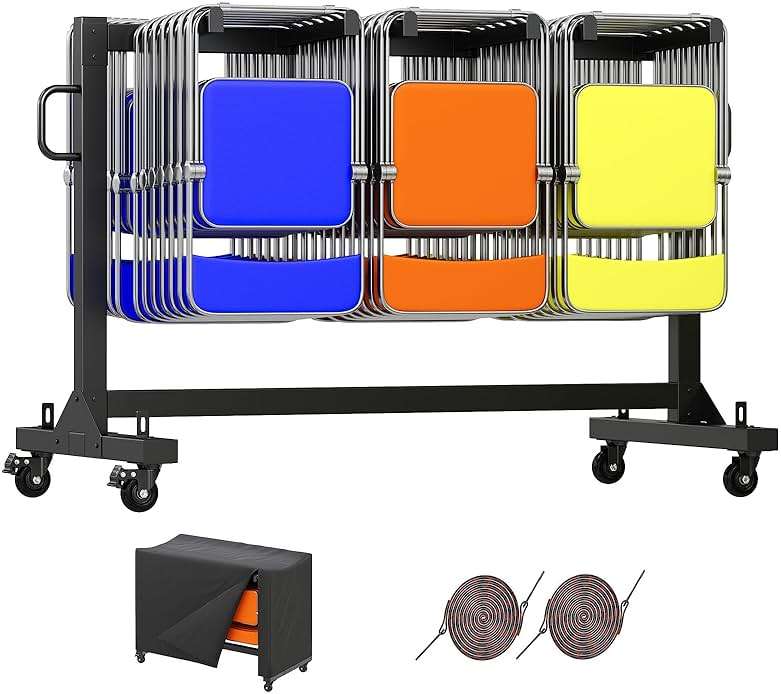 Specraft Folding Chair Rack and Table Cart for 12 Tables or 42 Chairs, 550 lbs Capacity, PU Wheels, Dust Cover, Elastic Cords, Black - Image 1