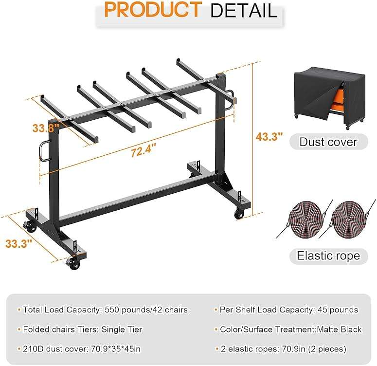 Specraft Folding Chair Rack and Table Cart for 12 Tables or 42 Chairs, 550 lbs Capacity, PU Wheels, Dust Cover, Elastic Cords, Black - Image 2