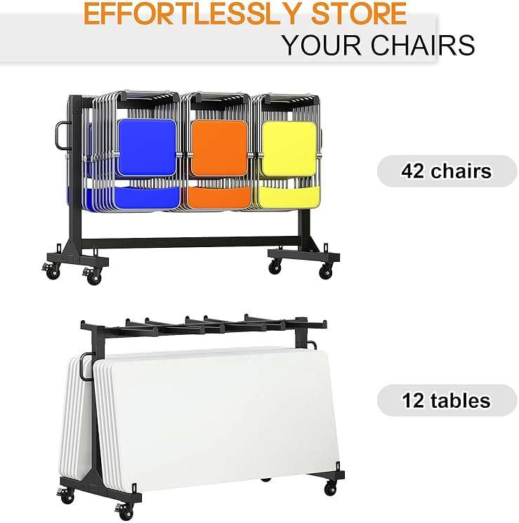 Specraft Folding Chair Rack and Table Cart for 12 Tables or 42 Chairs, 550 lbs Capacity, PU Wheels, Dust Cover, Elastic Cords, Black - Image 4