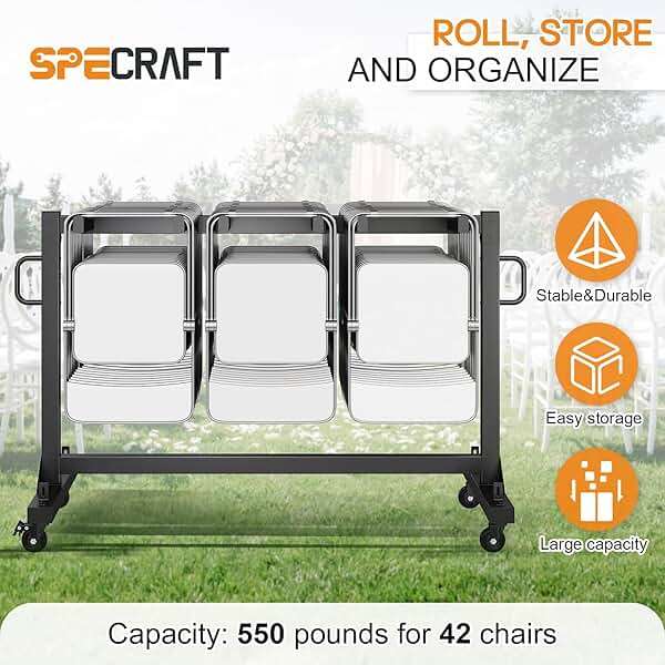 Specraft Folding Chair Rack and Table Cart for 12 Tables or 42 Chairs, 550 lbs Capacity, PU Wheels, Dust Cover, Elastic Cords, Black - Image 7