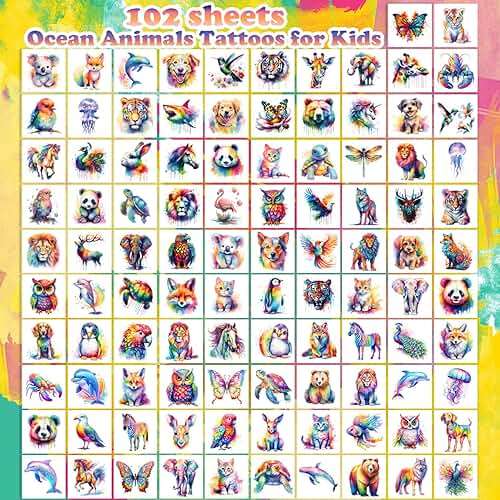 102 PCS Individually Wrapped Watercolor Animals Temporary Tattoo for kids - Cute Animals Temporary for Girls Boy Body Arm Shoulder Cute Tattoos Stickers, Birthday Party Supplies Gifts for Kids - Image 2