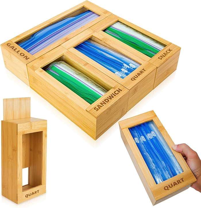 mHomeAid Bag Storage Organizer - Bamboo Food Plastic Baggie Holder, Dispenser, and Container for Kitchen Drawer - Fits Ziplock and Ziploc Gallon, Quart, Sandwich & Snack Sized Slider Bags (Bamboo) - Image 1