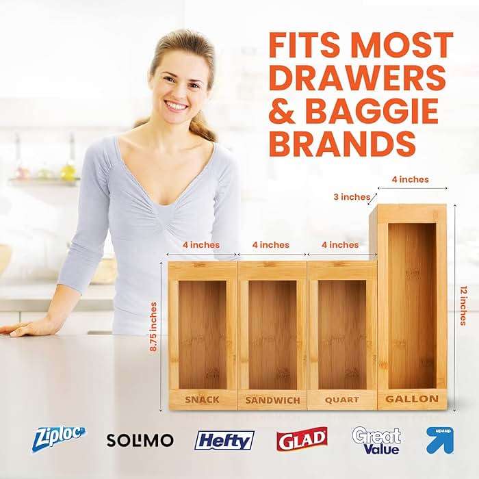 mHomeAid Bag Storage Organizer - Bamboo Food Plastic Baggie Holder, Dispenser, and Container for Kitchen Drawer - Fits Ziplock and Ziploc Gallon, Quart, Sandwich & Snack Sized Slider Bags (Bamboo) - Image 2