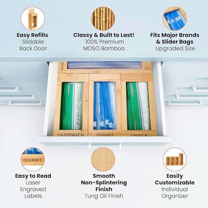 mHomeAid Bag Storage Organizer - Bamboo Food Plastic Baggie Holder, Dispenser, and Container for Kitchen Drawer - Fits Ziplock and Ziploc Gallon, Quart, Sandwich & Snack Sized Slider Bags (Bamboo) - Image 6