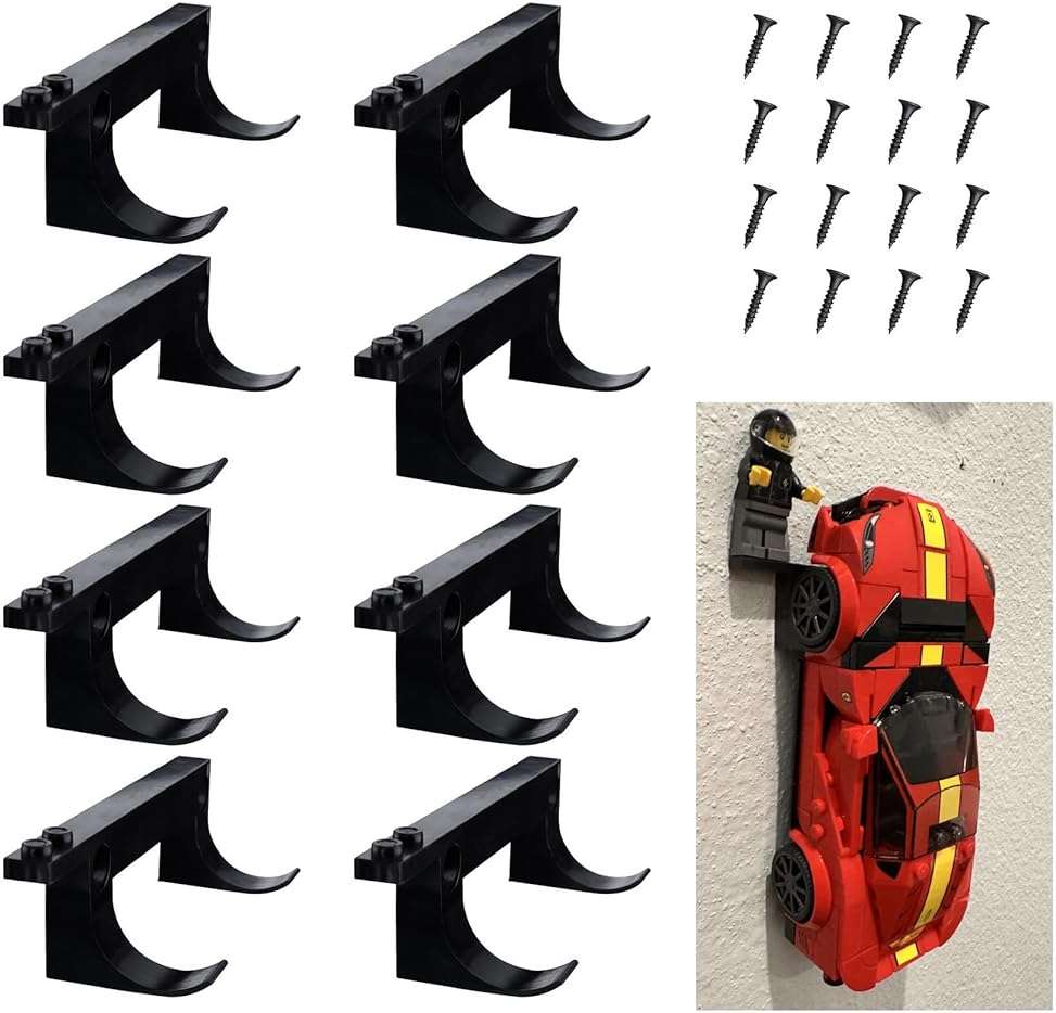 8 Pcs Wall Mount Fit for Any Lego Speed Champions Sets, Wall Bracket for Lego Speed of Champions Brick Cars with a Base for The Pilot/ Figure, Display Collectible Cars by Wheels on Wall, Black - Image 1