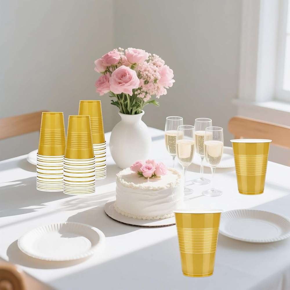 WYTAOHZL 100 Pack Gold Plastic Cups 16 OZ Gold Disposable Cups for Party Drinking Cup Disposable Cup for Wedding Parties Picnic - Image 5