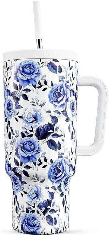 Meoky 40 oz Tumbler with Handle and Straw: Stainless Steel Insulated Tumbler with Lid and Straw - 100% Leak Proof Tumbler for Car Cup Holders - Travelers Commuters Workers, Blue Rose - Image 1