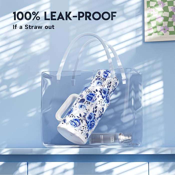 Meoky 40 oz Tumbler with Handle and Straw: Stainless Steel Insulated Tumbler with Lid and Straw - 100% Leak Proof Tumbler for Car Cup Holders - Travelers Commuters Workers, Blue Rose - Image 4
