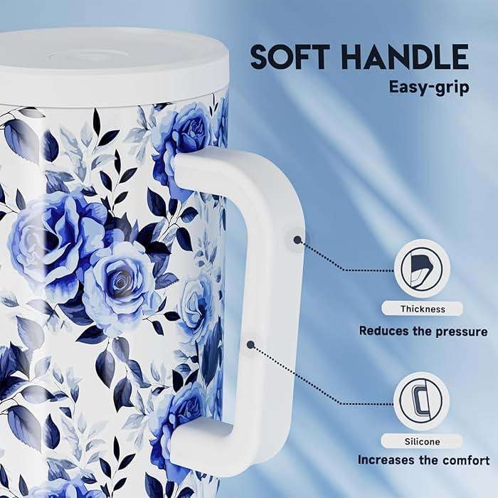 Meoky 40 oz Tumbler with Handle and Straw: Stainless Steel Insulated Tumbler with Lid and Straw - 100% Leak Proof Tumbler for Car Cup Holders - Travelers Commuters Workers, Blue Rose - Image 6