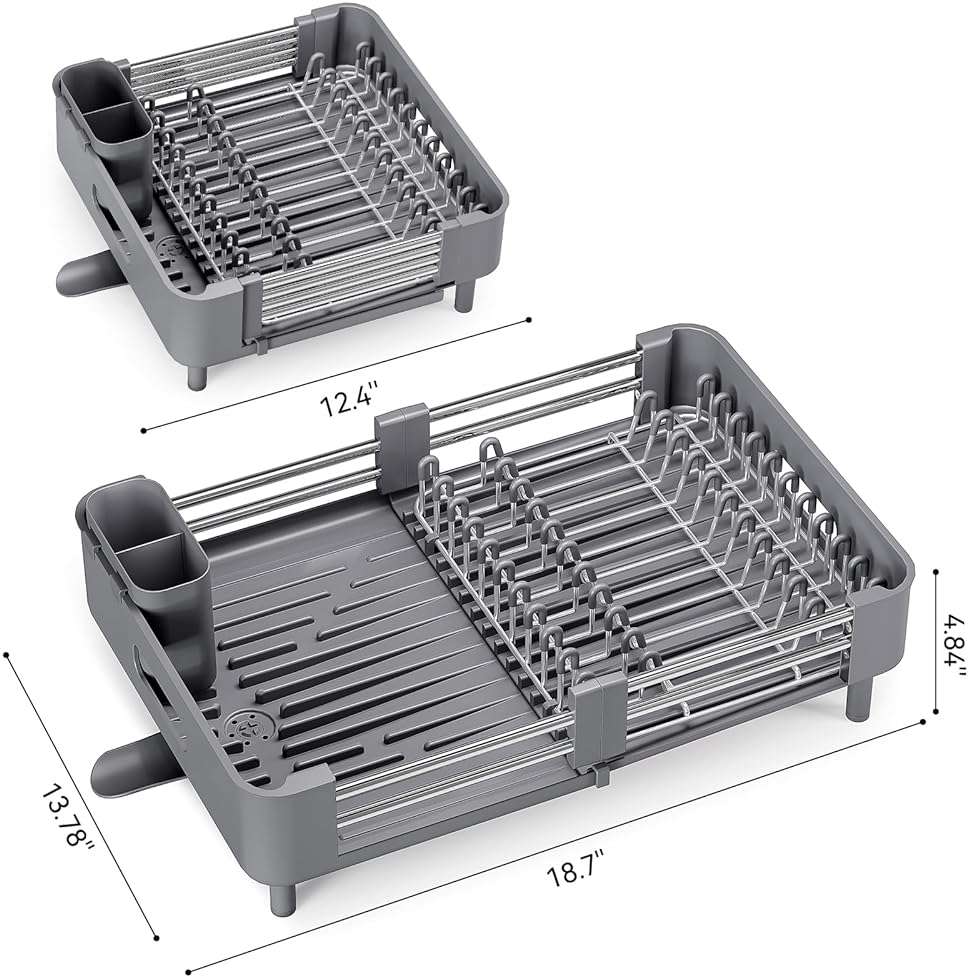 Urackify Stainless Steel Dish Drying Rack - Dish Drainer for Kitchen Counter, Extendable Drainboard with Foldable, Space-Saving Cup & Bowl Organizer, Includes Knife and Utensil Holder, Gray - Image 2