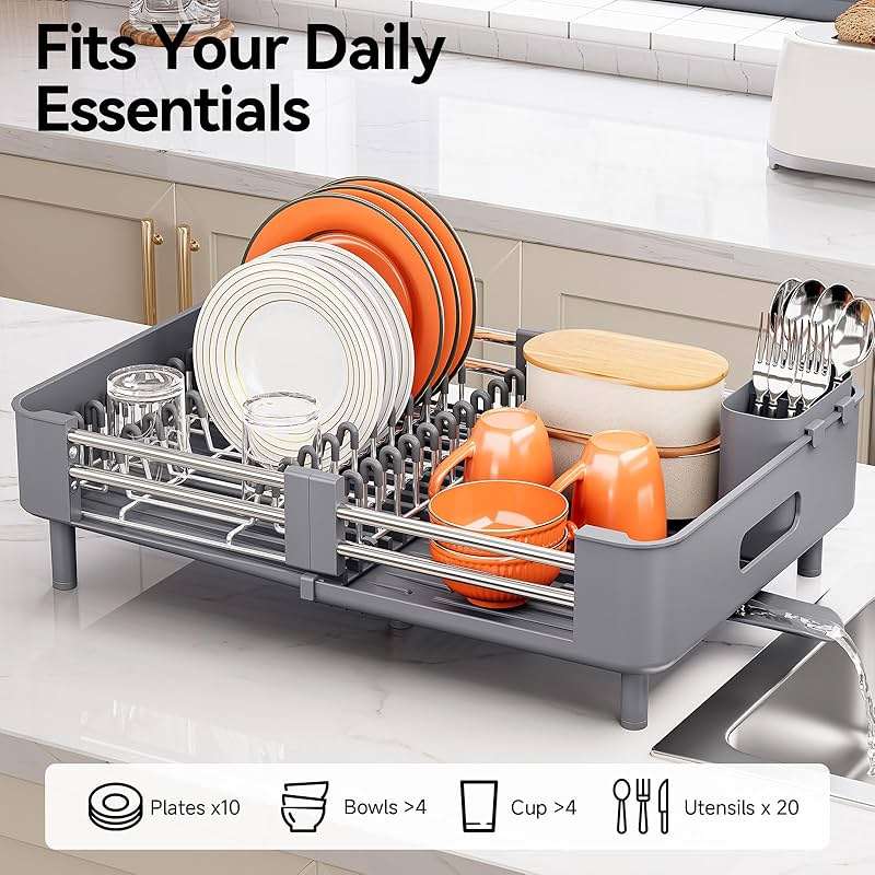 Urackify Stainless Steel Dish Drying Rack - Dish Drainer for Kitchen Counter, Extendable Drainboard with Foldable, Space-Saving Cup & Bowl Organizer, Includes Knife and Utensil Holder, Gray - Image 3