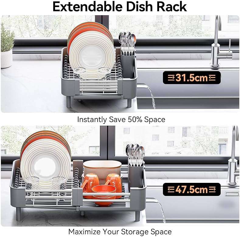 Urackify Stainless Steel Dish Drying Rack - Dish Drainer for Kitchen Counter, Extendable Drainboard with Foldable, Space-Saving Cup & Bowl Organizer, Includes Knife and Utensil Holder, Gray - Image 4