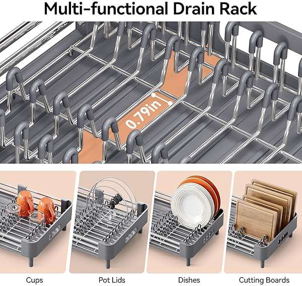 Urackify Stainless Steel Dish Drying Rack - Dish Drainer for Kitchen Counter, Extendable Drainboard with Foldable, Space-Saving Cup & Bowl Organizer, Includes Knife and Utensil Holder, Gray - Image 5