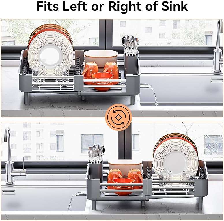Urackify Stainless Steel Dish Drying Rack - Dish Drainer for Kitchen Counter, Extendable Drainboard with Foldable, Space-Saving Cup & Bowl Organizer, Includes Knife and Utensil Holder, Gray - Image 6