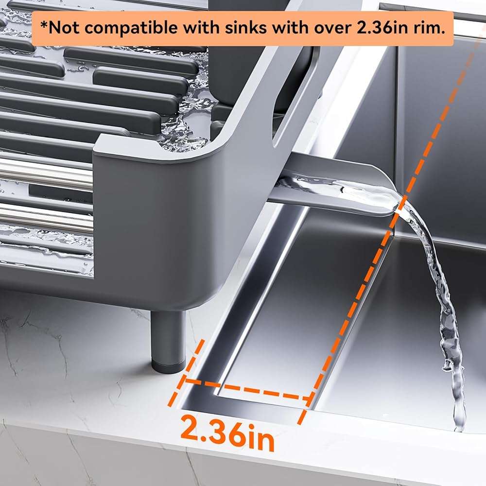 Urackify Stainless Steel Dish Drying Rack - Dish Drainer for Kitchen Counter, Extendable Drainboard with Foldable, Space-Saving Cup & Bowl Organizer, Includes Knife and Utensil Holder, Gray - Image 7