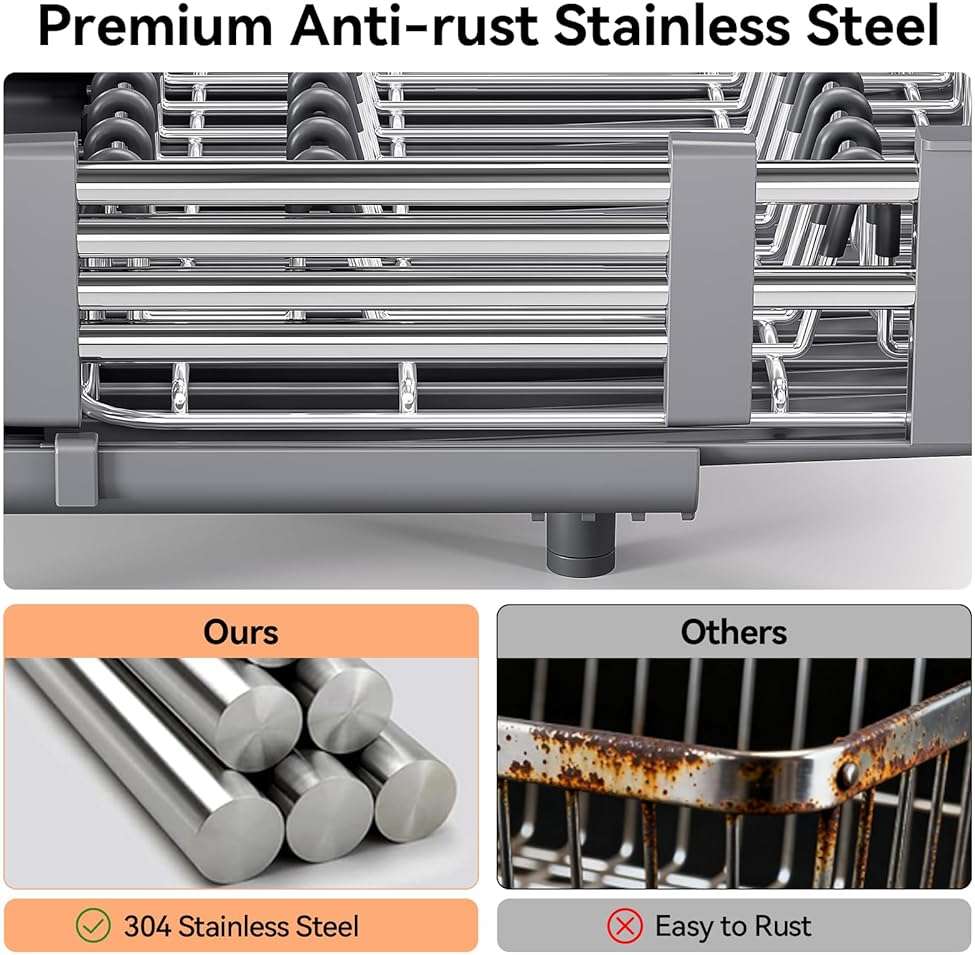 Urackify Stainless Steel Dish Drying Rack - Dish Drainer for Kitchen Counter, Extendable Drainboard with Foldable, Space-Saving Cup & Bowl Organizer, Includes Knife and Utensil Holder, Gray - Image 8