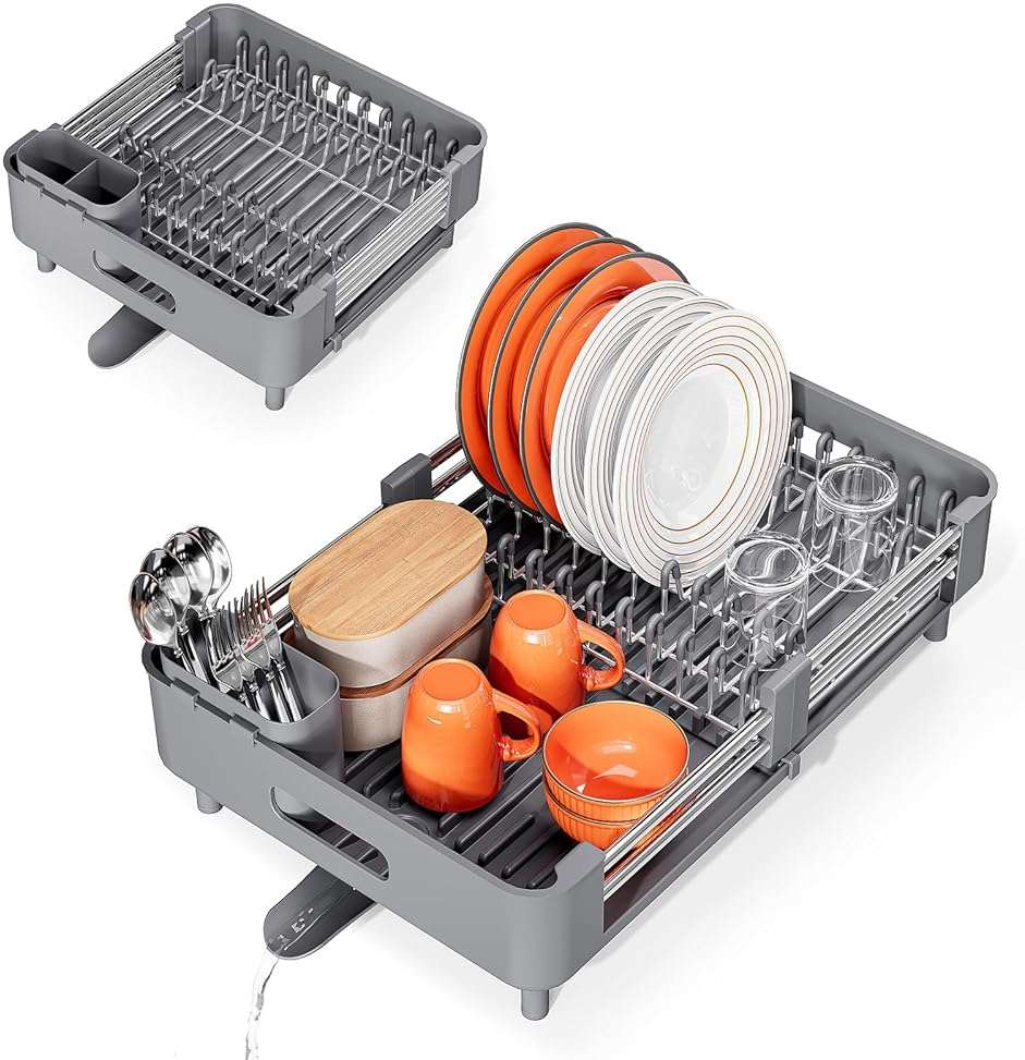 Urackify Stainless Steel Dish Drying Rack - Dish Drainer for Kitchen Counter, Extendable Drainboard with Foldable, Space-Saving Cup & Bowl Organizer, Includes Knife and Utensil Holder, Gray - Image 9