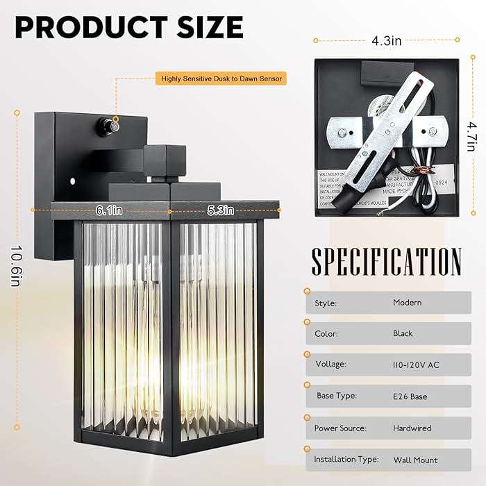 hameso Dusk to Dawn Outdoor Wall Light Fixture, Waterproof Exterior Porch Light with Tempered Glass, Wall Lantern for House Front Door Garage Patio - Image 6