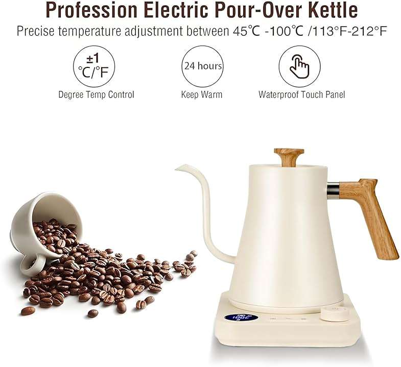 Electric Kettles, Gooseneck Electric Kettle, ±1℉ Temperature Control, Stainless Steel Inner, Quick Heating, for Pour Over Coffee, Brew Tea, Boil Hot Water, 0.9L (White) - Image 3