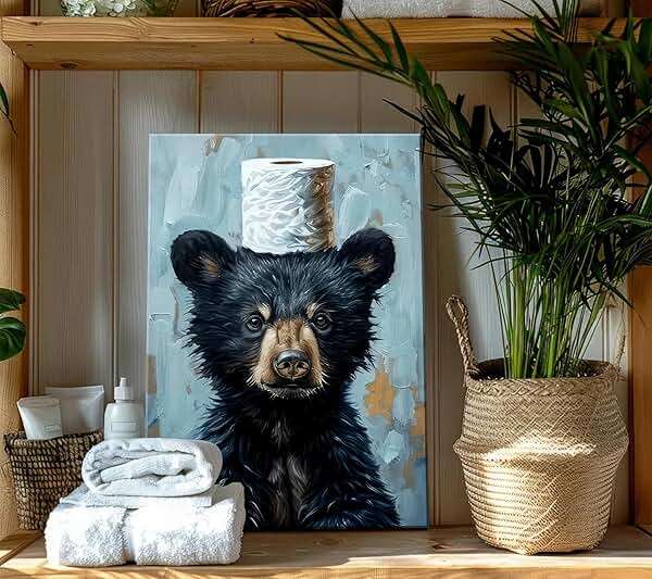 Funny Bathroom Bear Canvas Wall Art, Black Bear with Paper Poster Print Artwork, Humor Animal Painting Picture Wall Decor, for Kids Restroom, Cabin, Bathroom, Home Decoration, 12x16in - Image 2