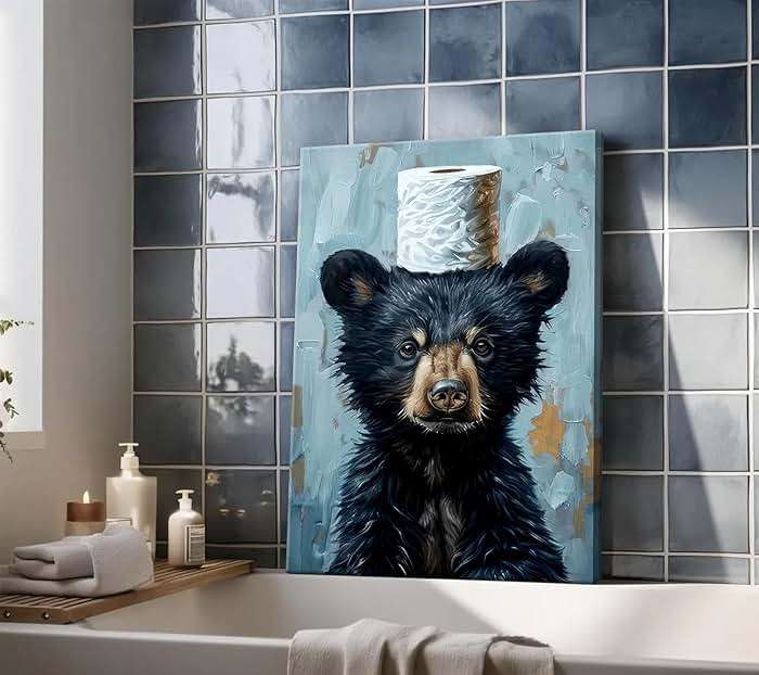 Funny Bathroom Bear Canvas Wall Art, Black Bear with Paper Poster Print Artwork, Humor Animal Painting Picture Wall Decor, for Kids Restroom, Cabin, Bathroom, Home Decoration, 12x16in - Image 3