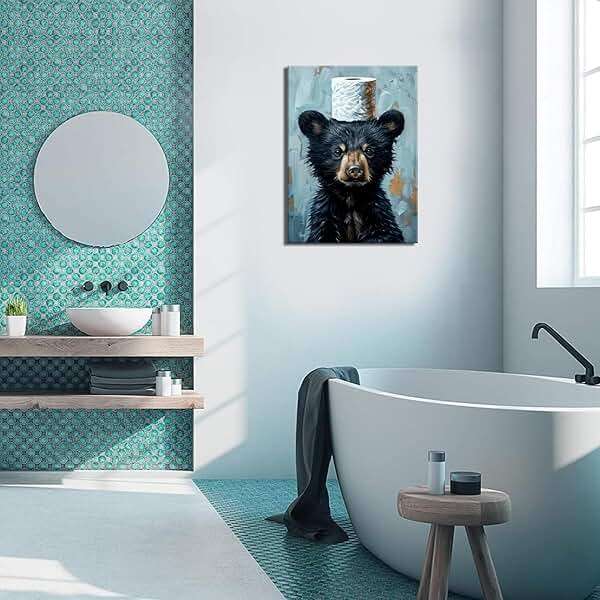 Funny Bathroom Bear Canvas Wall Art, Black Bear with Paper Poster Print Artwork, Humor Animal Painting Picture Wall Decor, for Kids Restroom, Cabin, Bathroom, Home Decoration, 12x16in - Image 4