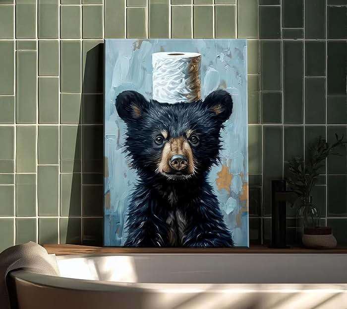 Funny Bathroom Bear Canvas Wall Art, Black Bear with Paper Poster Print Artwork, Humor Animal Painting Picture Wall Decor, for Kids Restroom, Cabin, Bathroom, Home Decoration, 12x16in - Image 5