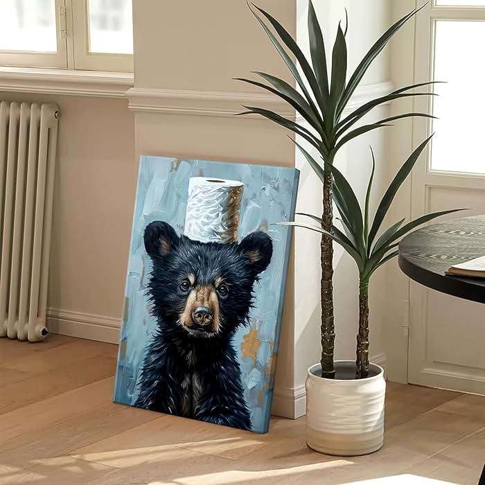 Funny Bathroom Bear Canvas Wall Art, Black Bear with Paper Poster Print Artwork, Humor Animal Painting Picture Wall Decor, for Kids Restroom, Cabin, Bathroom, Home Decoration, 12x16in - Image 6