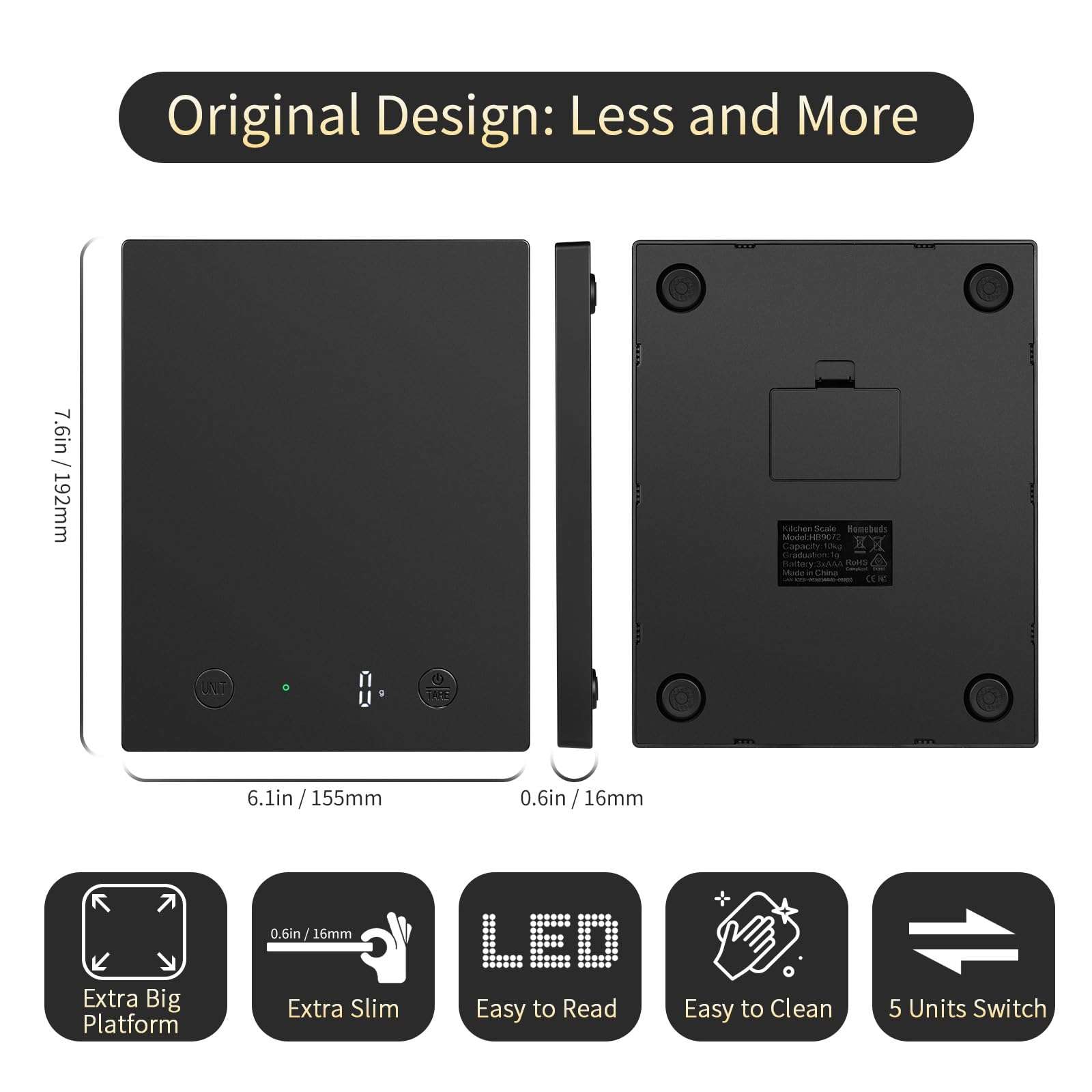 Homebuds 22lb/10kg Food Scale, Precision 0.1oz/1g by Our Professional Scale Factory Since 2001, Kitchen Scales Digital Weight Grams and Ounces for Cooking and Baking, LED, 3*AAA Batteries, Black - Image 3
