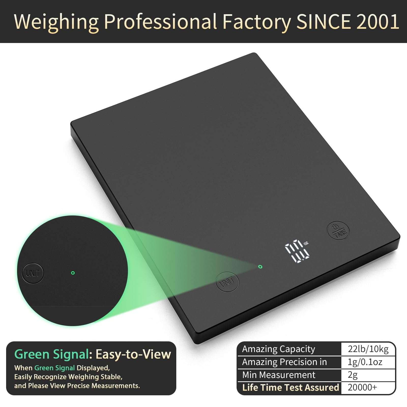 Homebuds 22lb/10kg Food Scale, Precision 0.1oz/1g by Our Professional Scale Factory Since 2001, Kitchen Scales Digital Weight Grams and Ounces for Cooking and Baking, LED, 3*AAA Batteries, Black - Image 4