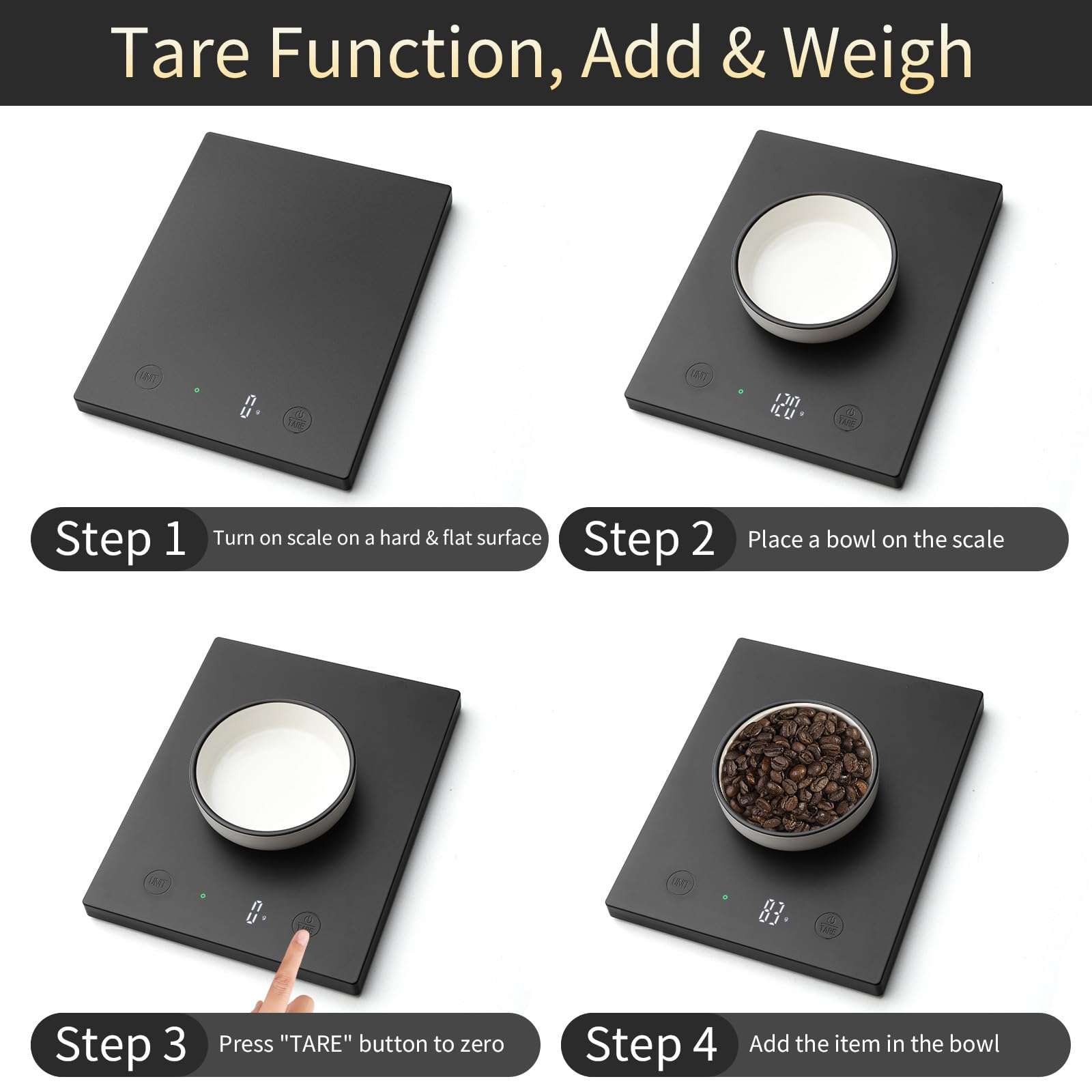 Homebuds 22lb/10kg Food Scale, Precision 0.1oz/1g by Our Professional Scale Factory Since 2001, Kitchen Scales Digital Weight Grams and Ounces for Cooking and Baking, LED, 3*AAA Batteries, Black - Image 6