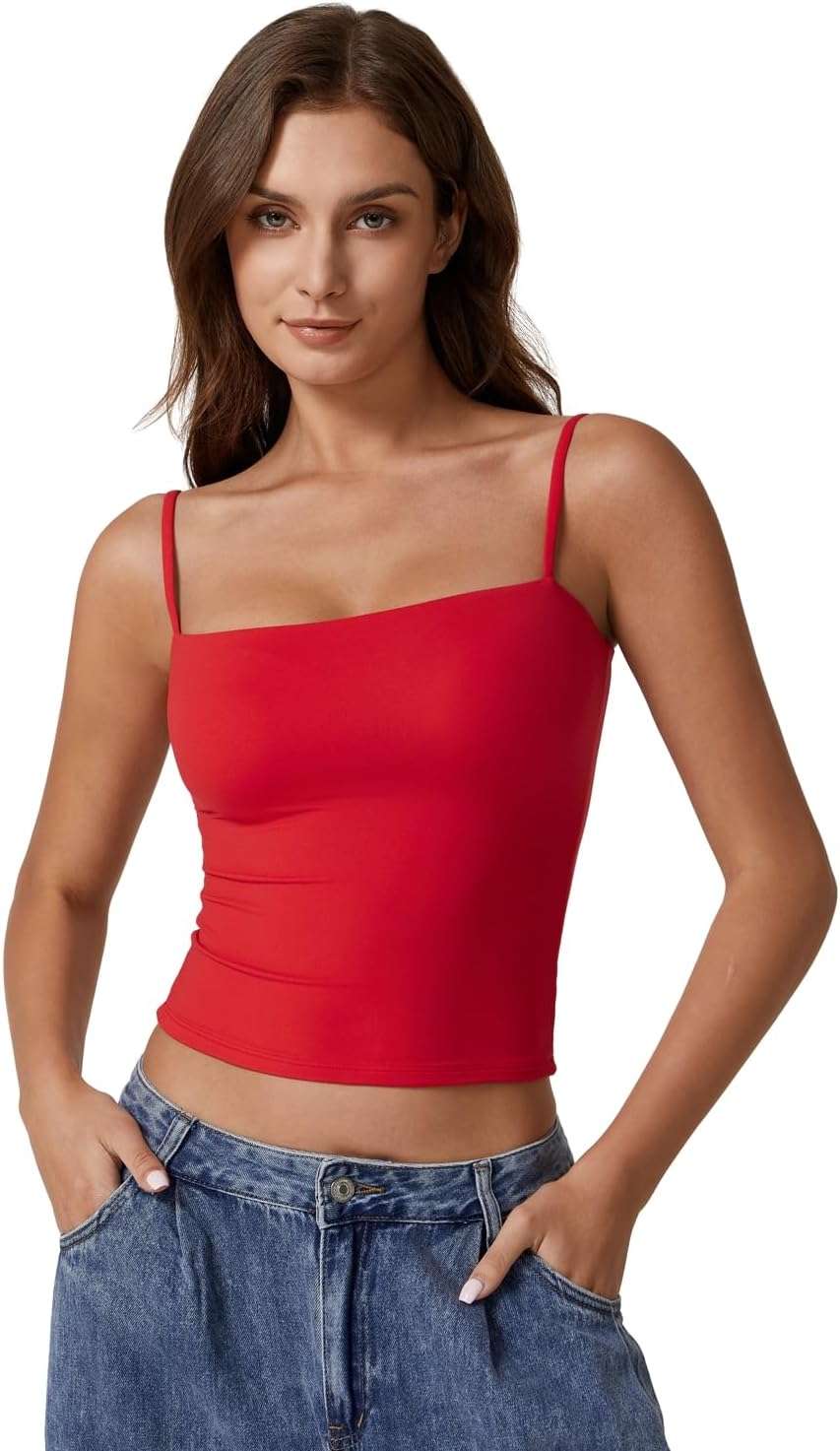 QINSEN Women's Double Lined Basic Tank Top Adjustable Spaghetti Straps Sleeveless Camisole Shirts - Image 2