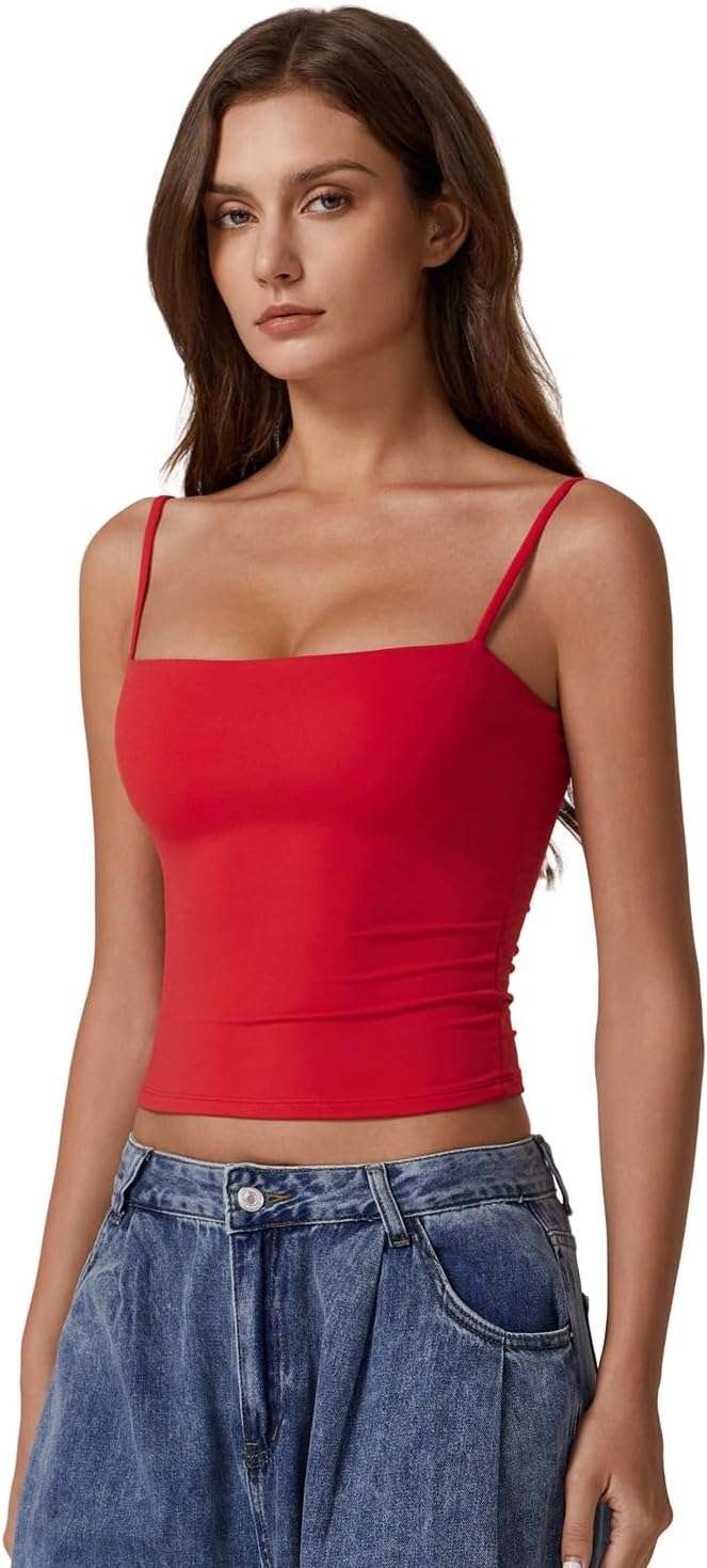 QINSEN Women's Double Lined Basic Tank Top Adjustable Spaghetti Straps Sleeveless Camisole Shirts - Image 3