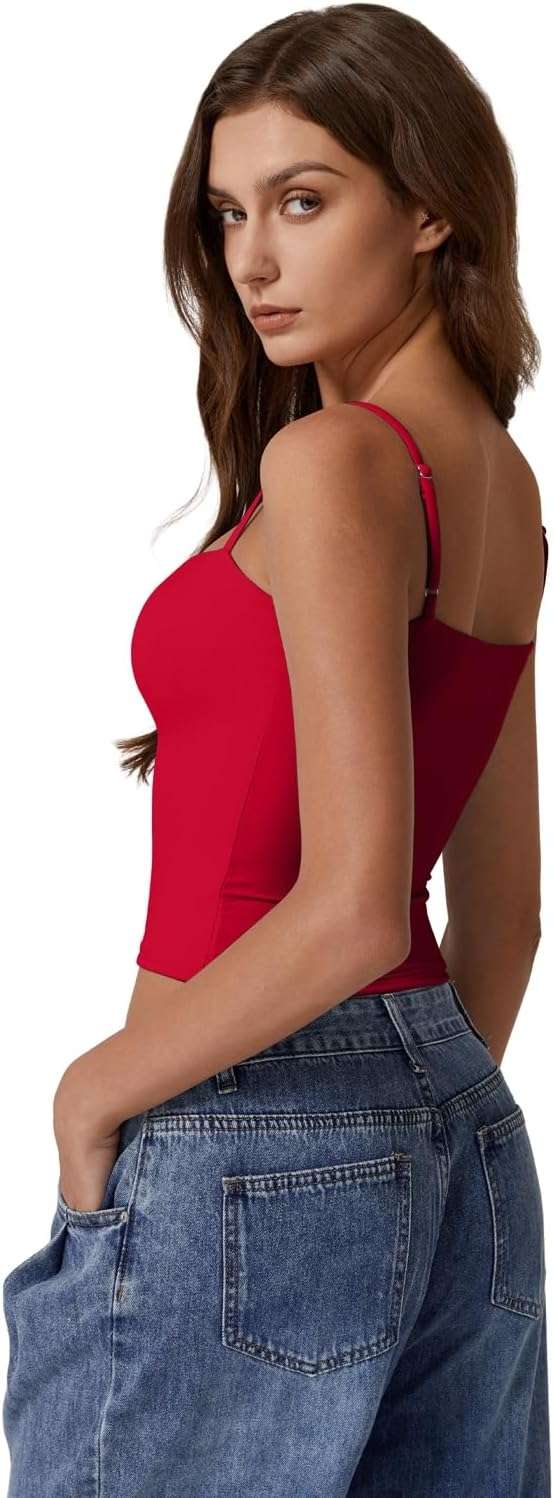 QINSEN Women's Double Lined Basic Tank Top Adjustable Spaghetti Straps Sleeveless Camisole Shirts - Image 4