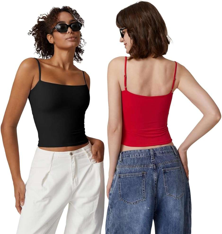 QINSEN Women's Double Lined Basic Tank Top Adjustable Spaghetti Straps Sleeveless Camisole Shirts - Image 5