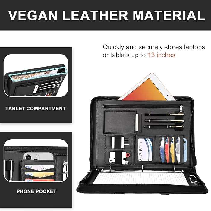 Leathario Portfolio Binder, Includes 5 Folder Index Dividers, 13 Inch Tablets Organizer with Handle, Vegan Leather A4 Padfolio, Multi-Pocket Notepad Business Planner Professional Document - Image 3