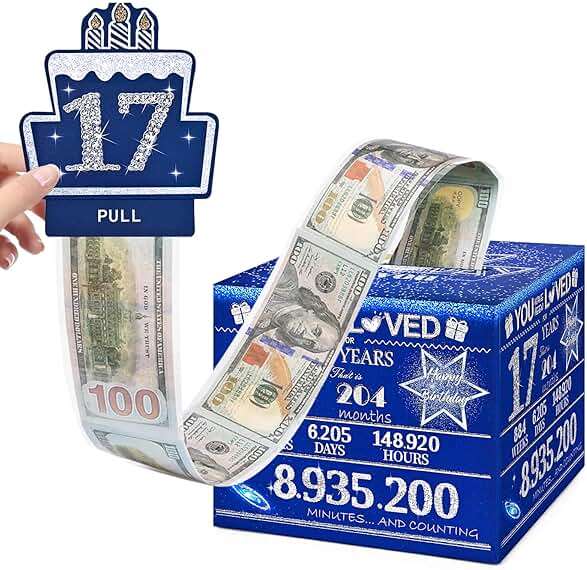 TOYEISHI 17 Happy Birthday Money Box for Cash Gift, 17th Birthday Decorations for Boys and Girls, Gifts for 17 Year Old Boy, Boy Gift Ideas, Cool Things for Teen -Blue with 100PCS Bags - Image 1