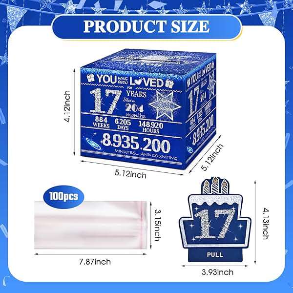 TOYEISHI 17 Happy Birthday Money Box for Cash Gift, 17th Birthday Decorations for Boys and Girls, Gifts for 17 Year Old Boy, Boy Gift Ideas, Cool Things for Teen -Blue with 100PCS Bags - Image 3
