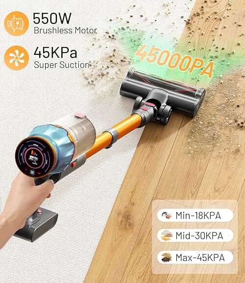 KARDV Cordless Vacuum Cleaner, 45Kpa/550W Stick Vacuum with Touch Screen, Max 65Mins Vacuum Cleaners for Home, Upgraded Green Light & Anti-Tangle Wireless Vacuum for Pet Hair/Carpet/Hardwood Floor - Image 2