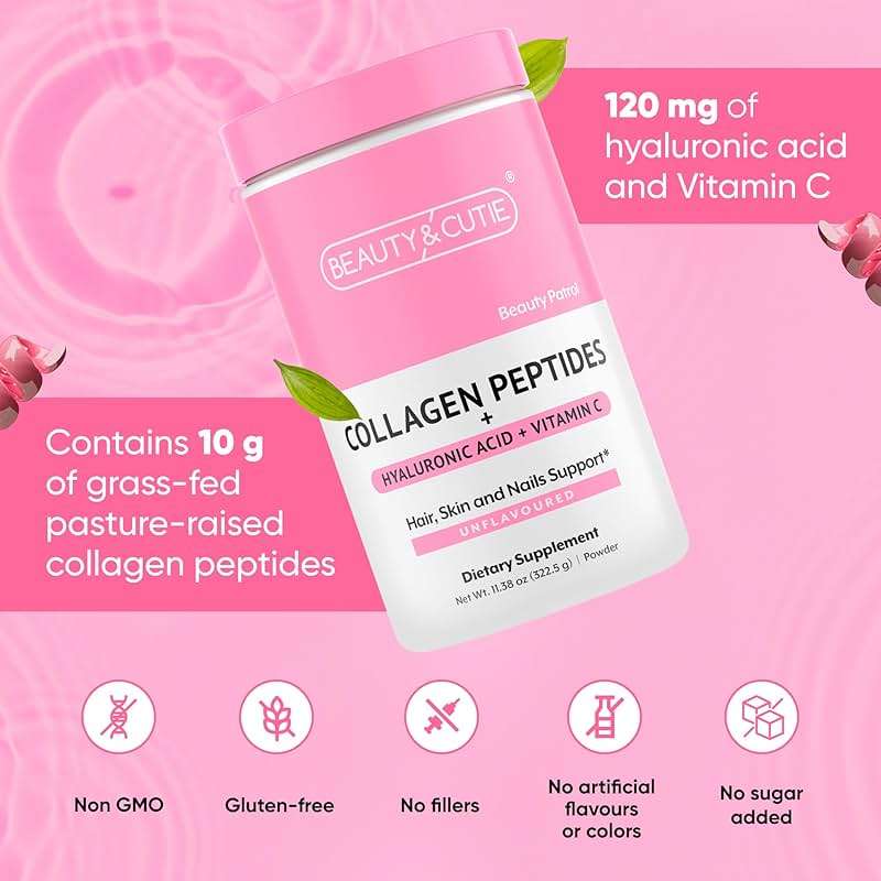 BEAUTY AND CUTIE Collagen Peptides 10g with Hyaluronic Acid 120 mg and Vitamin C Powder, Hair, Skin and Nails Support, Grass Fed, Unflavored, 11.38 oz - Image 4