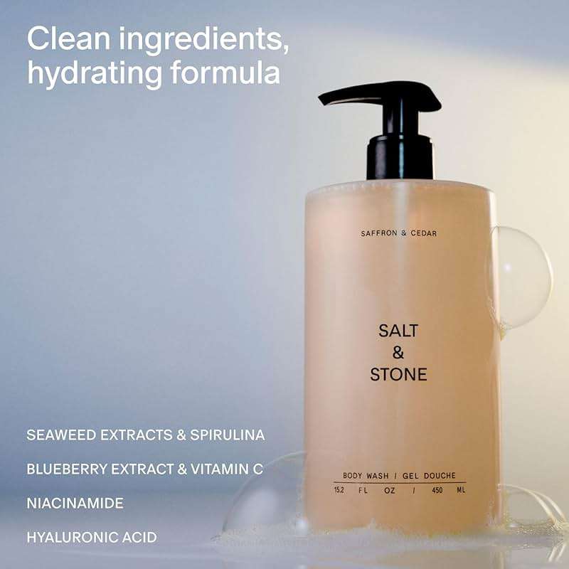 Salt & Stone Body Wash with Antioxidants for Deep Moisture | For Women & Men, Sulfate, Paraben, & Dye Free, Leaving Skin Soft and Hydrated | Saffron & Cedar 15.2 fl oz - Image 2