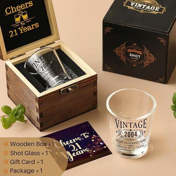 21st Birthday Gifts for Him Her - Limited Edition Shot Glass with Wooden Box - Vintage 2005 Cheers To 21 Years, Finally 21 Party Decorations Supplies - Turning 21 Bday Present for Men Brother Friends - Image 5